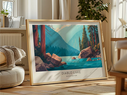 Diablo Lake Landscape Matte Border Poster | Washington Framed or Unframed Travel Gift — framed and ready to hang