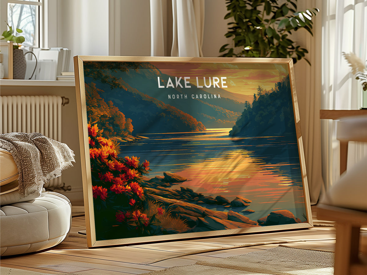 Lake Lure, North Carolina Landscape Poster | Blue Ridge Travel Gift Wall Art — framed and ready to hang