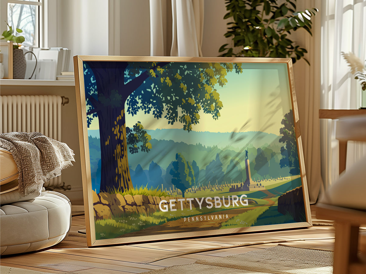 Gettysburg, Pennsylvania Landscape Poster | Historic Civil War Battlefield Travel Wall Art — framed and ready to hang