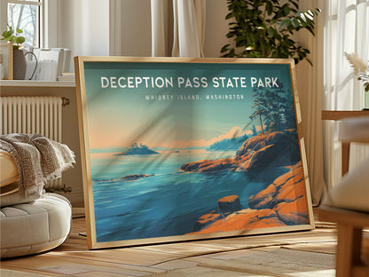 Deception Pass State Park Landscape Poster | Whidbey Island, Washington Pacific Northwest Beach House Decor — framed and read