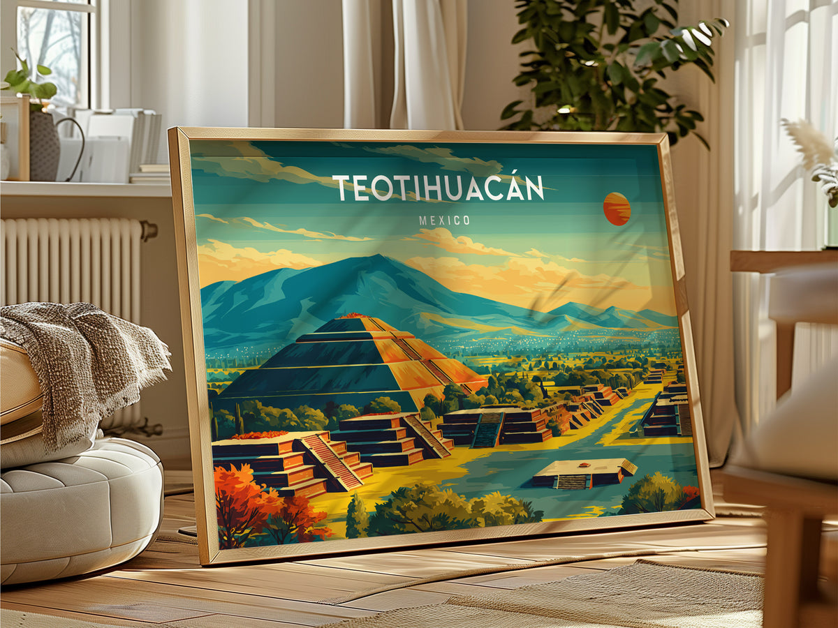 Teotihuacán, Mexico Landscape Poster | Sun & Moon Pyramids Vacation Wall Art — framed and ready to hang