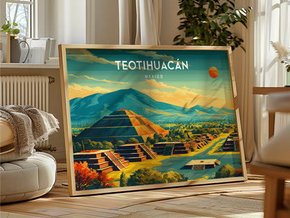 Teotihuacán, Mexico Landscape Poster | Sun & Moon Pyramids Vacation Wall Art — framed and ready to hang