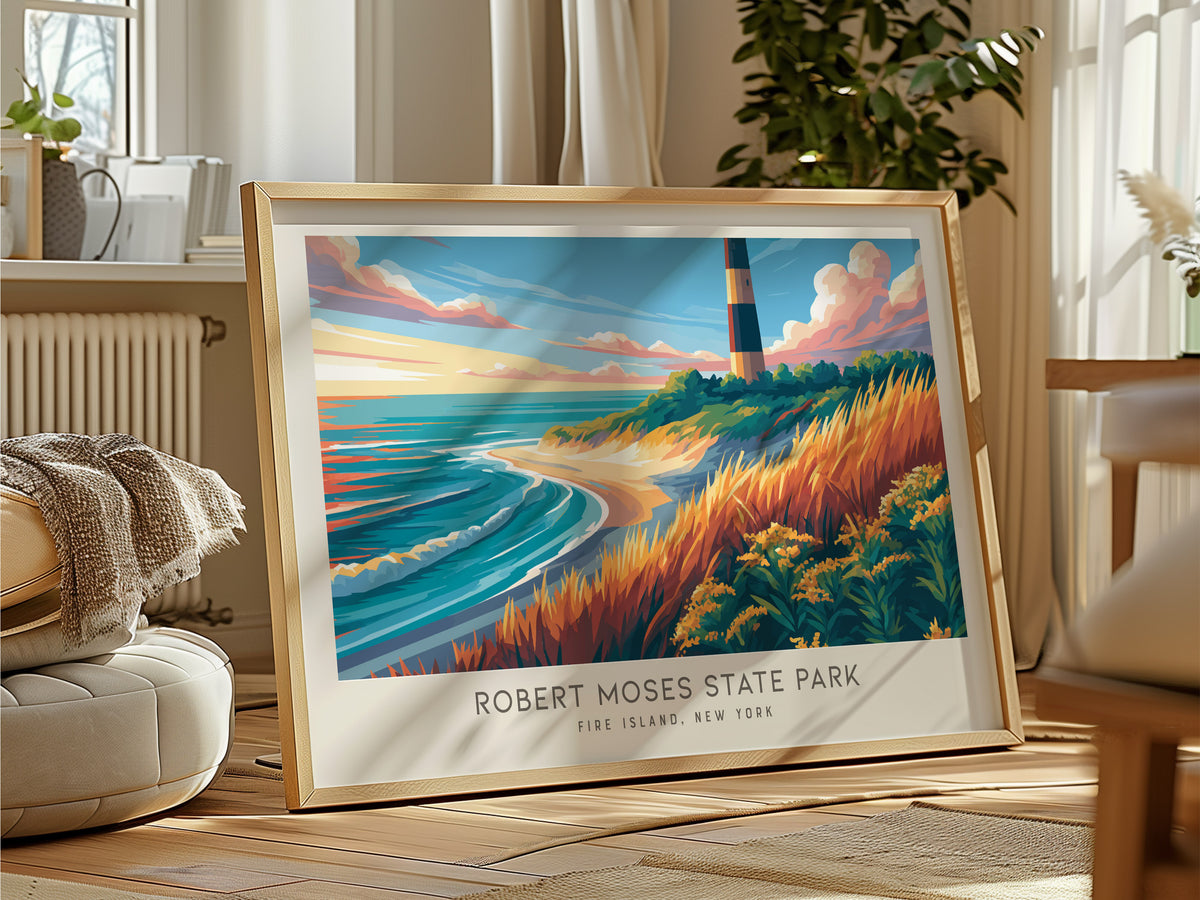 Robert Moses State Park Landscape Matte Border Poster | Fire Island, New York Travel Wall Art — framed and ready to hang