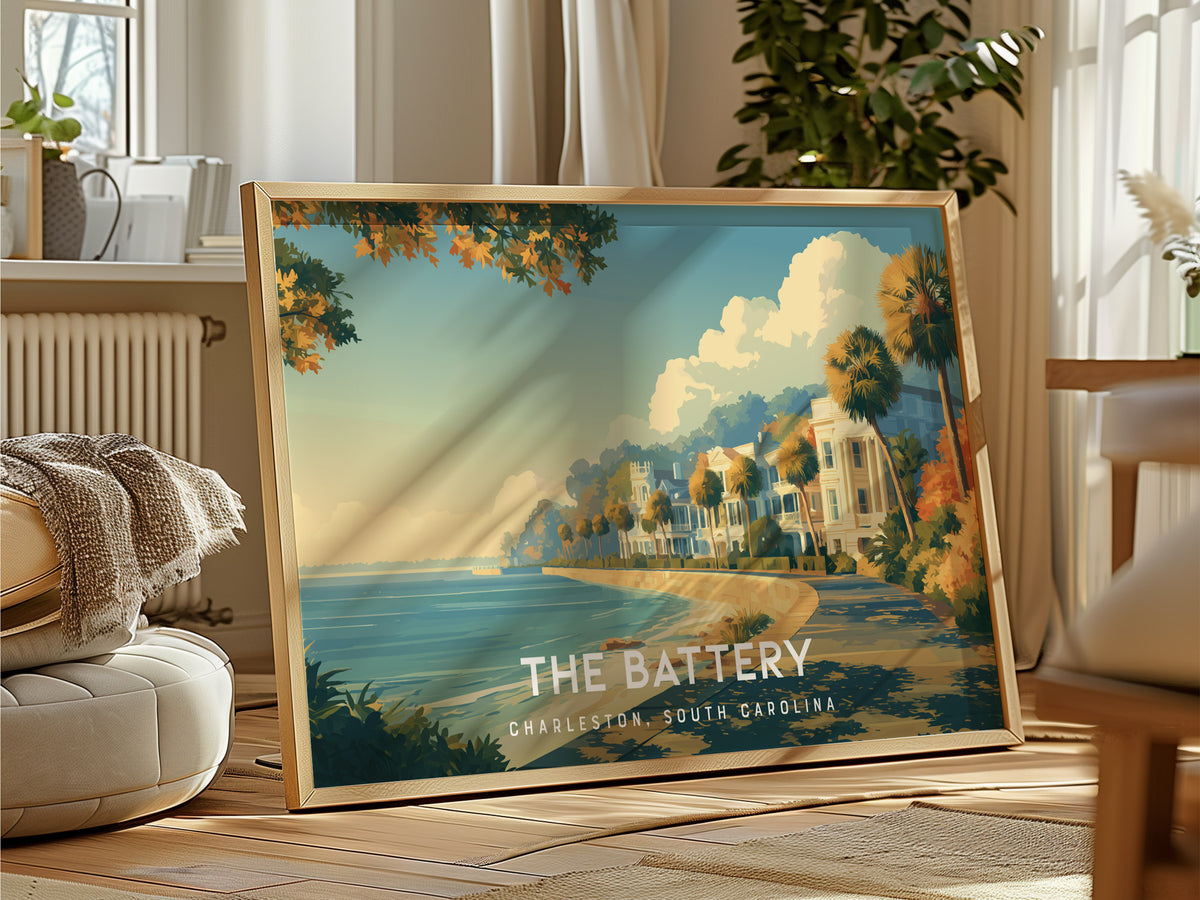The Battery Landscape Poster | Charleston, South Carolina Destination Print Framed or Unframed Wall Art — framed and ready to