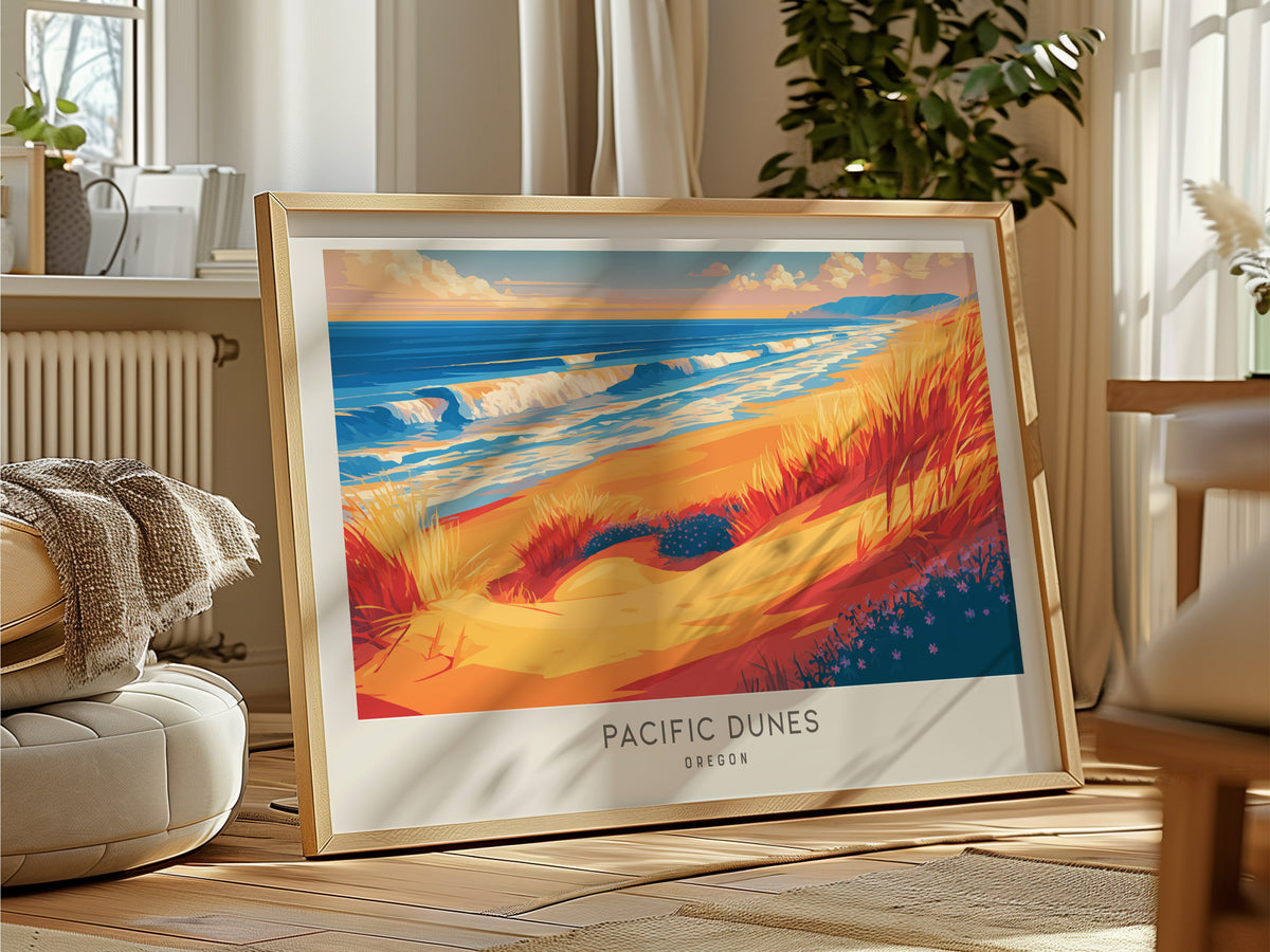 Pacific Dunes Landscape Matte Border Poster | Oregon Coastal Beach Decor — framed and ready to hang