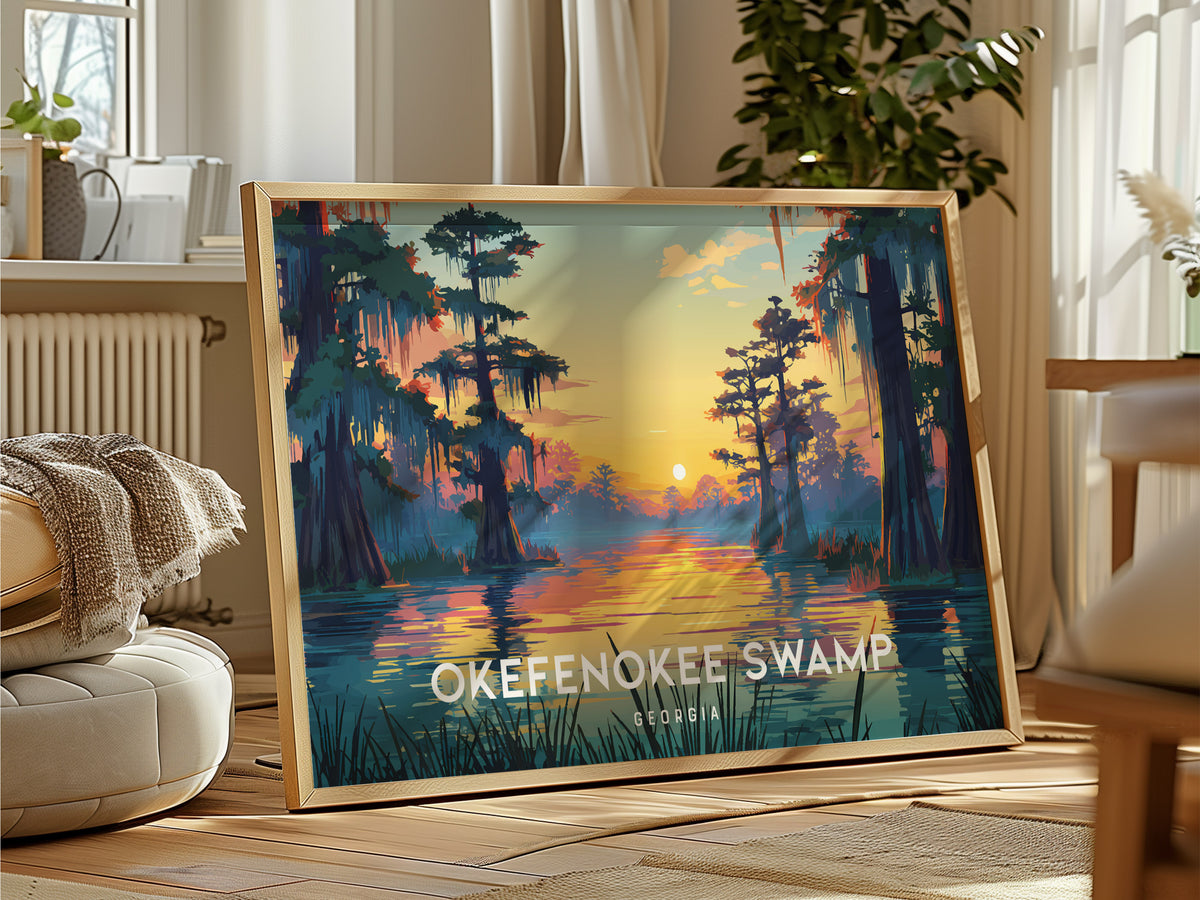 Okefenokee Swamp, Georgia Landscape Poster | Travel Gift Swampland Wildlife Wall Art — framed and ready to hang