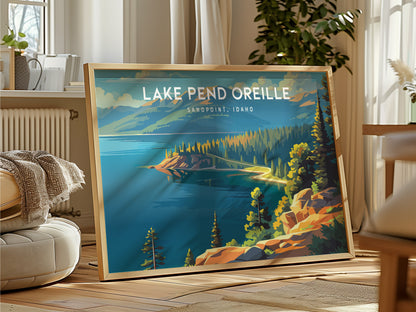Lake Pend Oreille Landscape Poster | Sandpoint, Idaho Travel Wall Art — framed and ready to hang