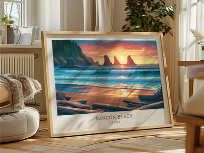 Bandon Beach Landscape Matte Border Poster | Oregon Destination Print Travel Gift — framed and ready to hang