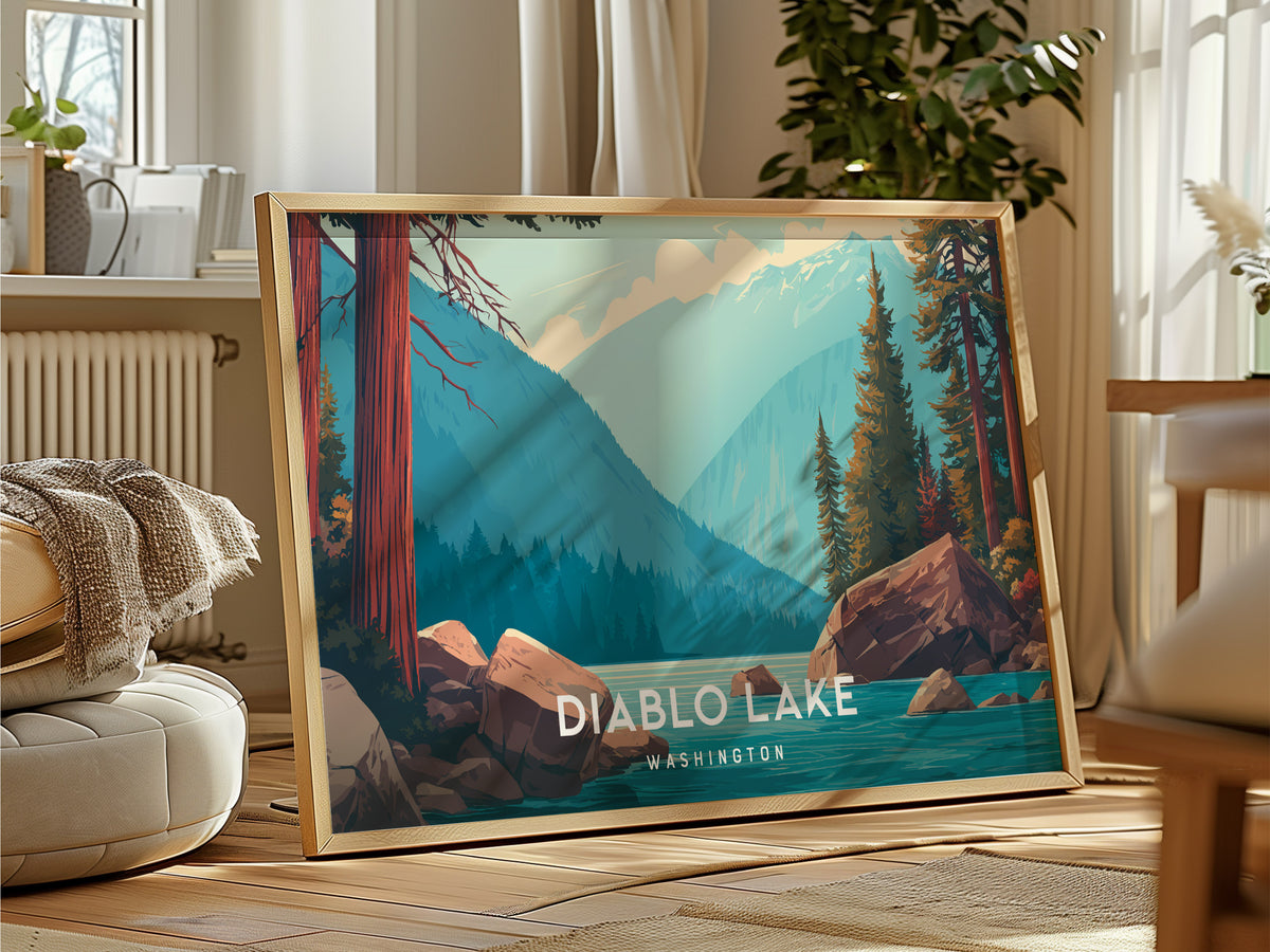 Diablo Lake Landscape, Washington Poster | Mountain Lake Vacation Wall Art — framed and ready to hang