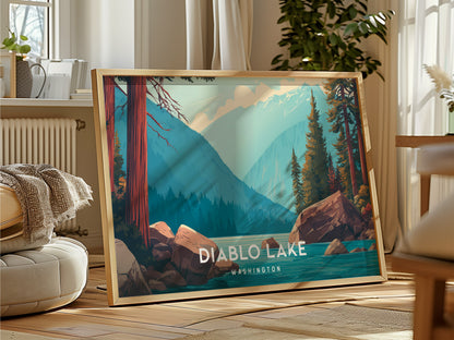 Diablo Lake Landscape, Washington Poster | Mountain Lake Vacation Wall Art — framed and ready to hang