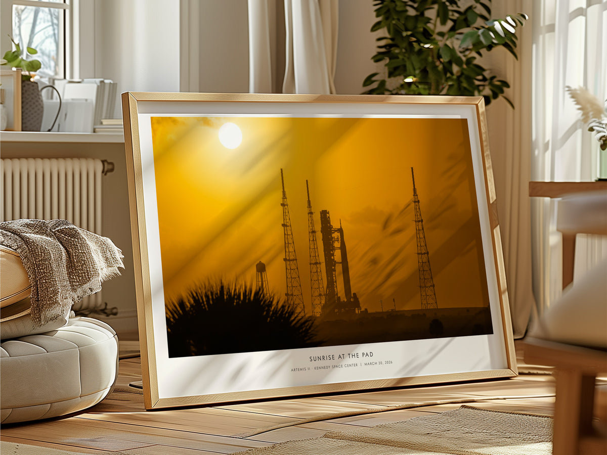 Sunrise At the Pad Landscape Poster | NASA Artemis II · Kennedy Space Center Space Photography Wall Art — framed and ready to