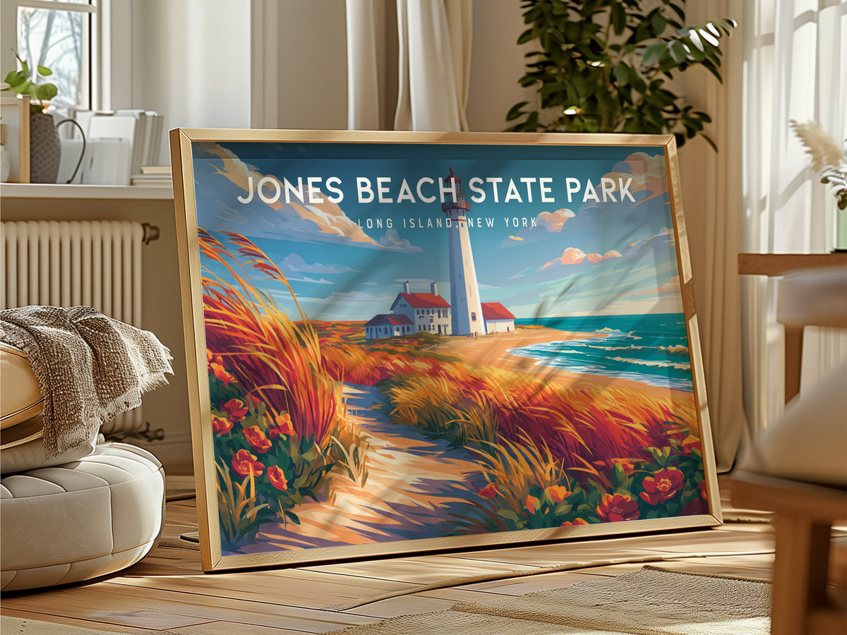 Jones Beach State Park Landscape Poster | Long Island, New York Travel Wall Art — framed and ready to hang