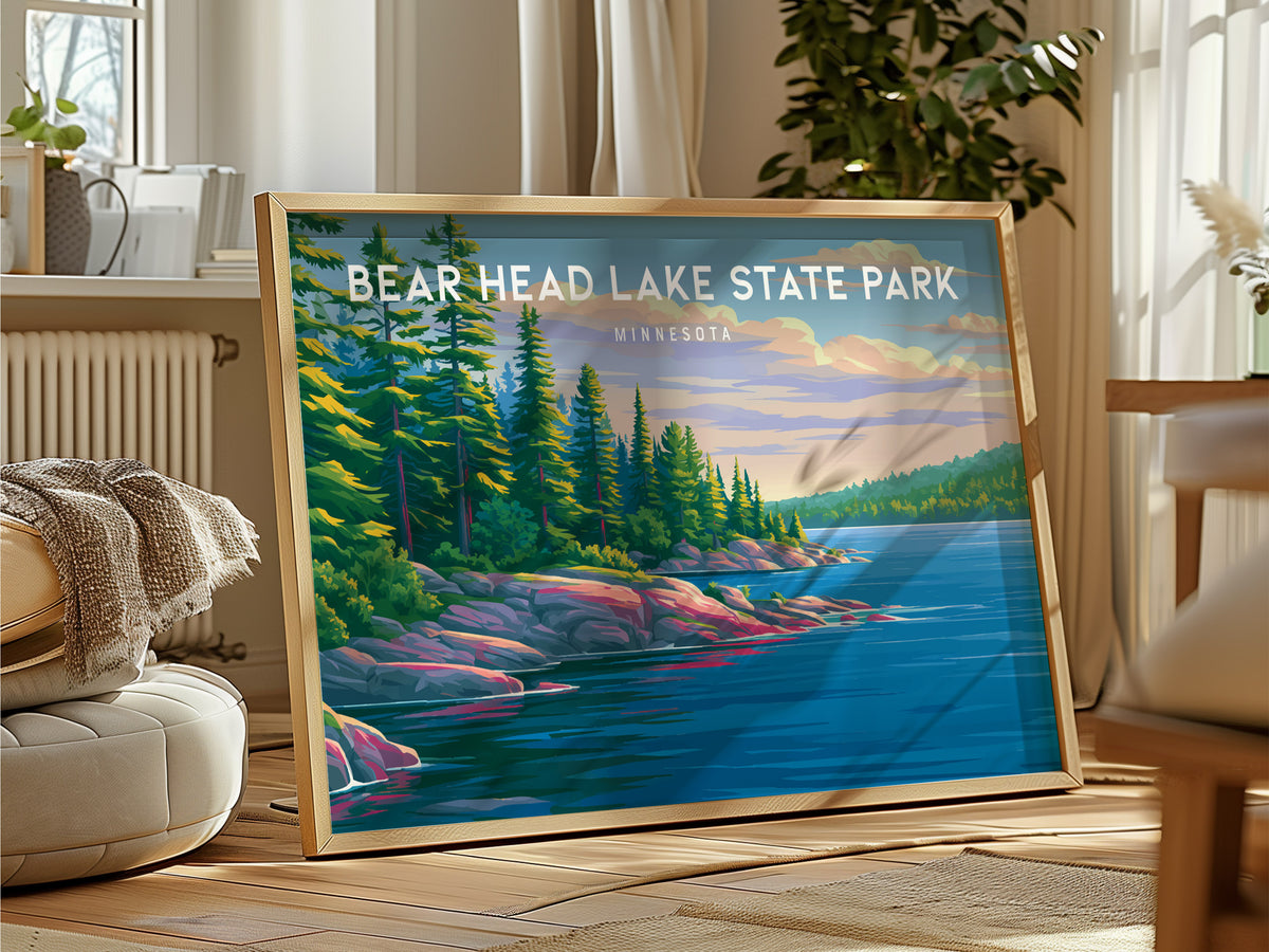 Bear Head Lake State Park Landscape, Minnesota Poster | Northwoods Lake Retreat Framed or Unframed Wall Art — framed and read