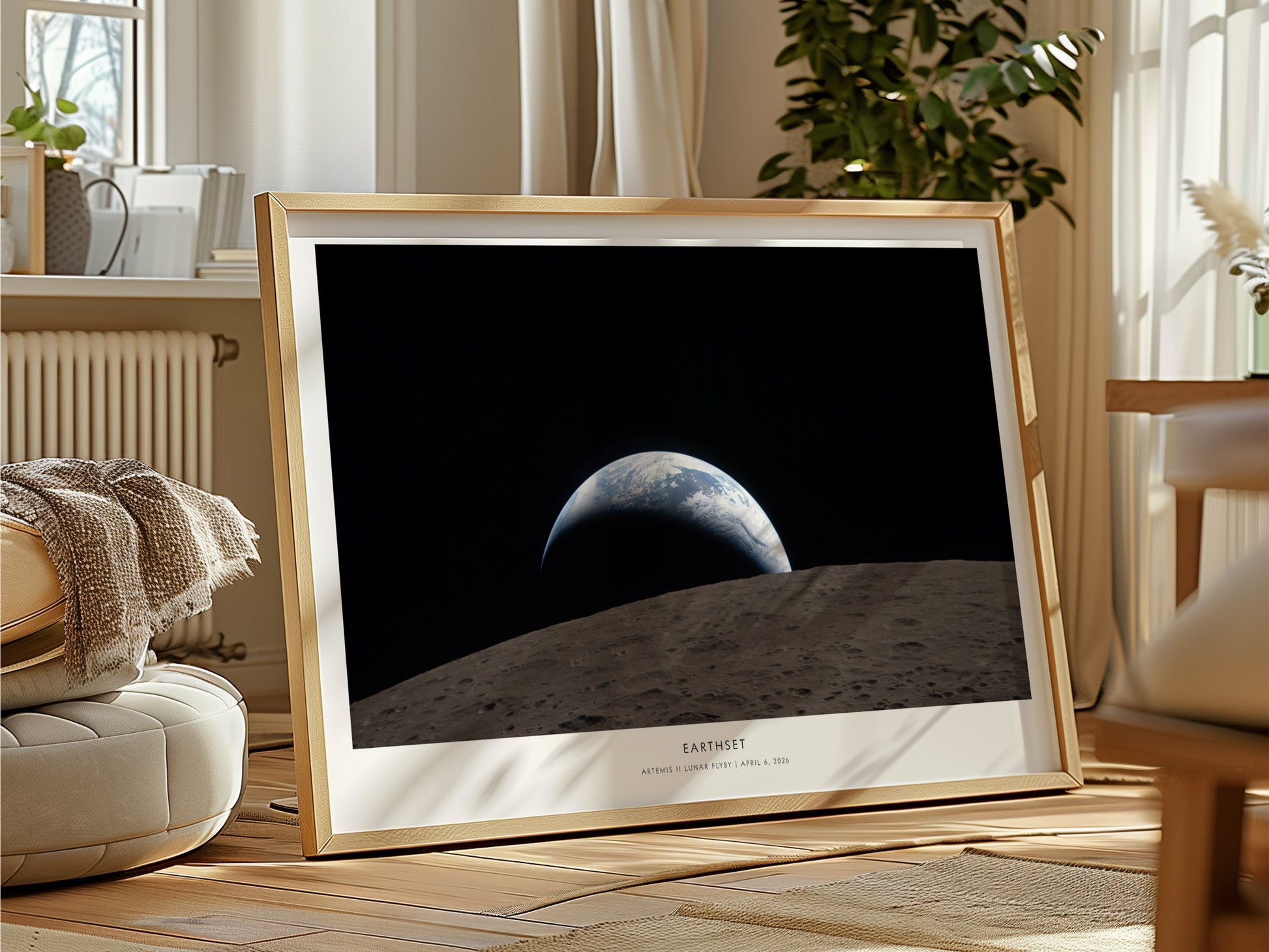 Earthset Landscape Poster | NASA Artemis II Lunar Flyby Space Photography Wall Art — framed and ready to hang