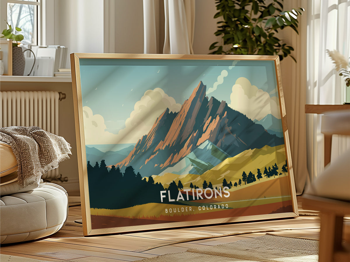 Flatirons, Boulder, Colorado Landscape Poster | Mountain Destination Print Wall Art — framed and ready to hang