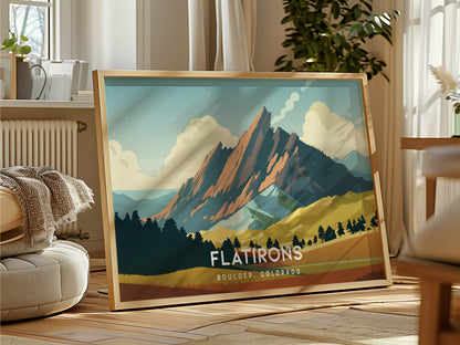 Flatirons, Boulder, Colorado Landscape Poster | Mountain Destination Print Wall Art — framed and ready to hang