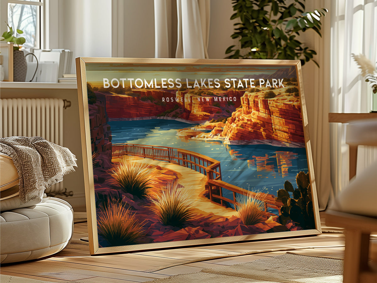 Bottomless Lakes State Park Landscape Poster | Roswell, New Mexico Vacation Wall Art — framed and ready to hang