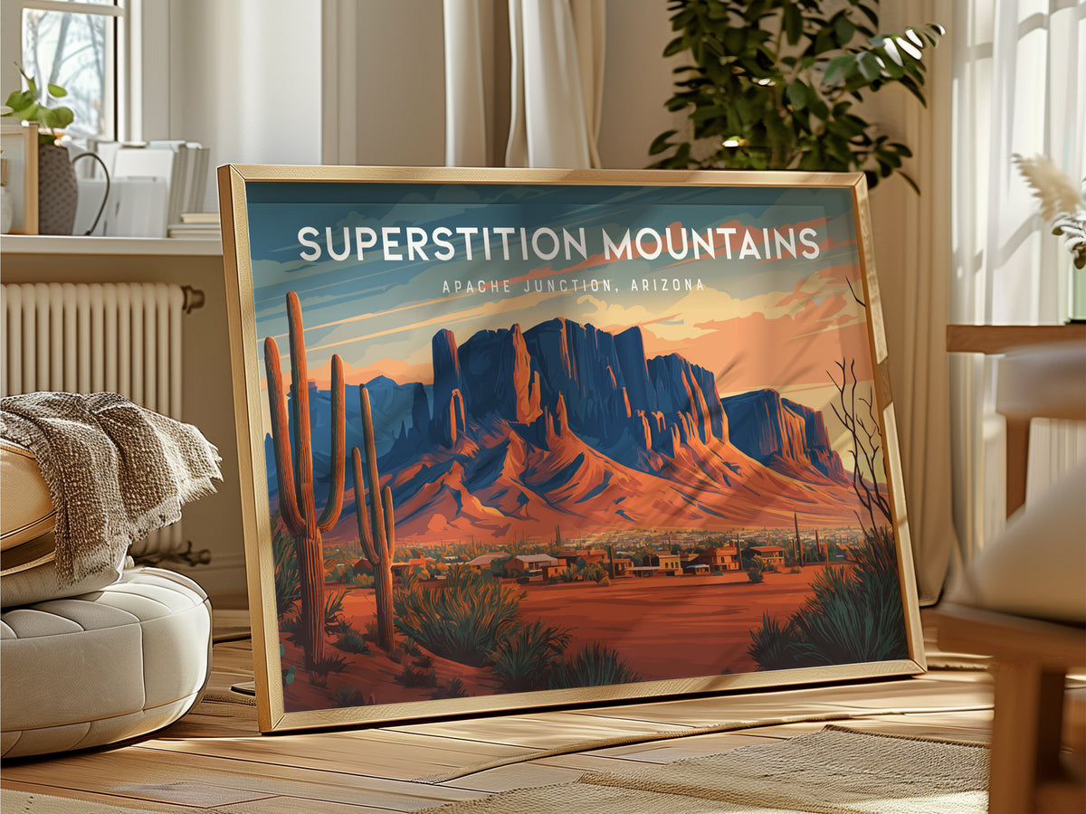 Superstition Mountains Landscape Poster | Apache Junction, Arizona Vacation Wall Art — framed and ready to hang
