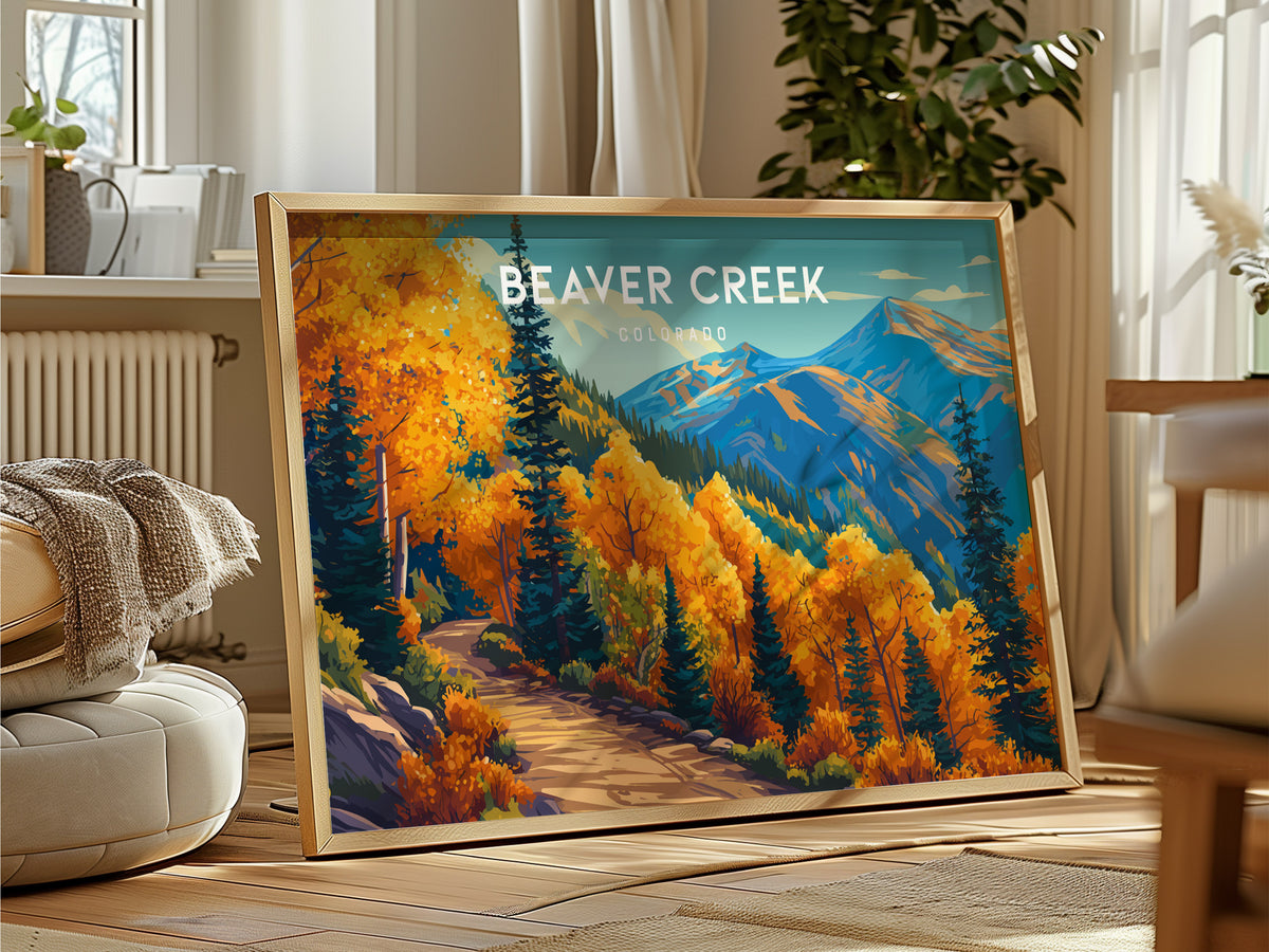 Beaver Creek, Colorado Landscape Poster | Snowy Slopes & Lodge Vacation Wall Art — framed and ready to hang
