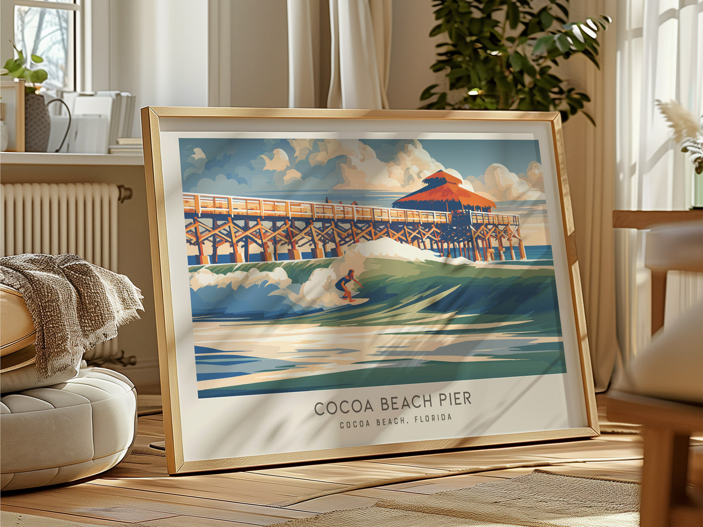 Cocoa Beach Pier Landscape Matte Border Poster | Travel Wall Art — framed and ready to hang