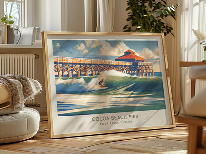 Cocoa Beach Pier Landscape Matte Border Poster | Travel Wall Art — framed and ready to hang