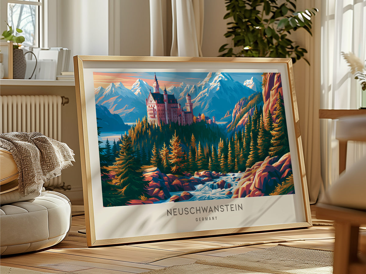 Neuschwanstein Landscape Matte Border Poster | Germany Framed or Unframed Travel Wall Art — framed and ready to hang