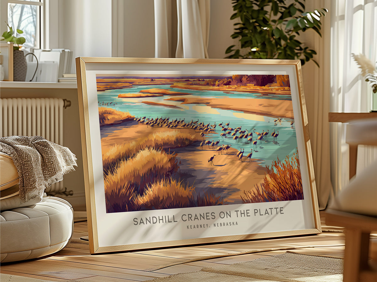 Sandhill Cranes on the Platte Landscape Matte Border Poster | Kearney, Nebraska Framed or Unframed Travel Gift — framed and r