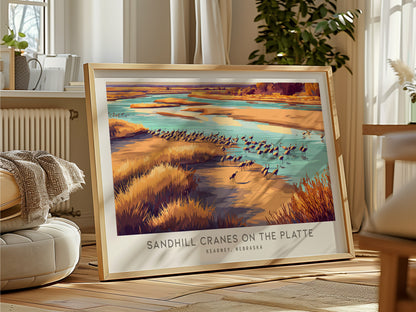 Sandhill Cranes on the Platte Landscape Matte Border Poster | Kearney, Nebraska Framed or Unframed Travel Gift — framed and r