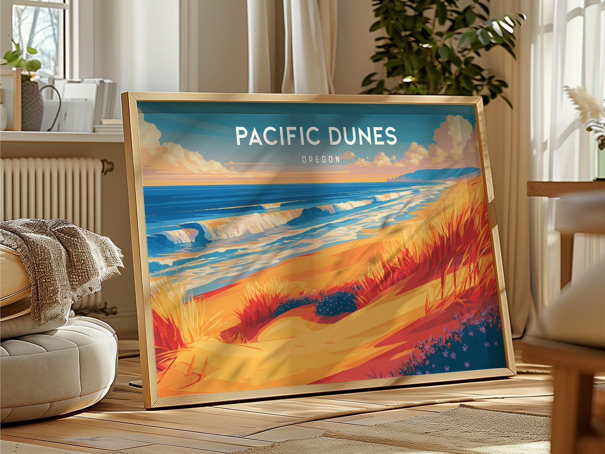 Pacific Dunes, Oregon Landscape Poster | Windswept Dunes Travel Wall Art — framed and ready to hang
