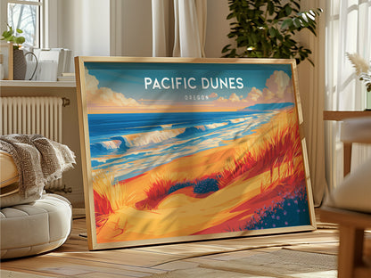 Pacific Dunes, Oregon Landscape Poster | Windswept Dunes Travel Wall Art — framed and ready to hang