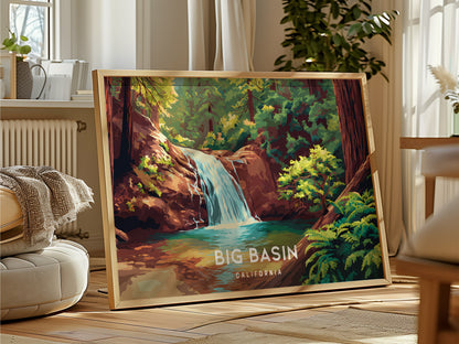 Big Basin Redwoods, California Landscape Poster | Ancient Forest Travel Wall Art — framed and ready to hang