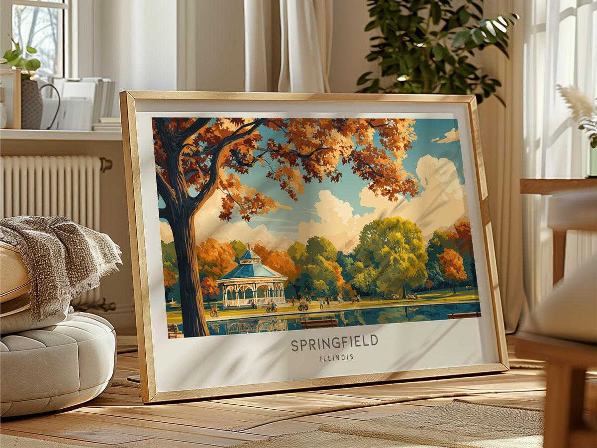 Springfield Landscape Matte Border Poster | Illinois Destination Print & Vacation Wall Art — framed and ready to hang