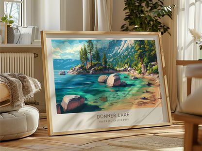 Donner Lake Landscape Matte Border Poster | Truckee, California Framed or Unframed Travel Gift — framed and ready to hang