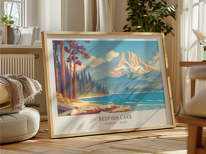 Redfish Lake Landscape Matte Border Poster | Stanley, Idaho Framed or Unframed Travel Gift — framed and ready to hang