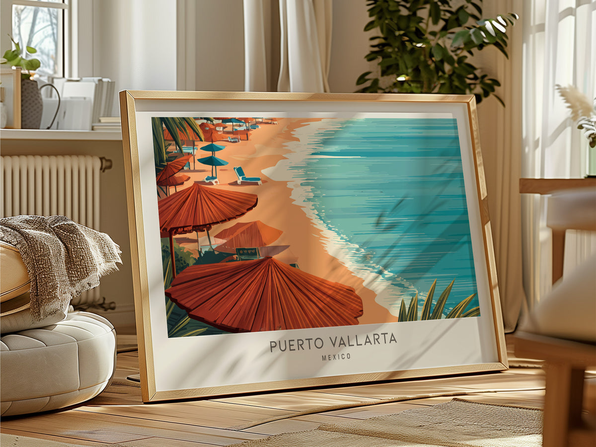 Puerto Vallarta Landscape Matte Border Poster | Mexico Destination Print Travel Wall Art — framed and ready to hang