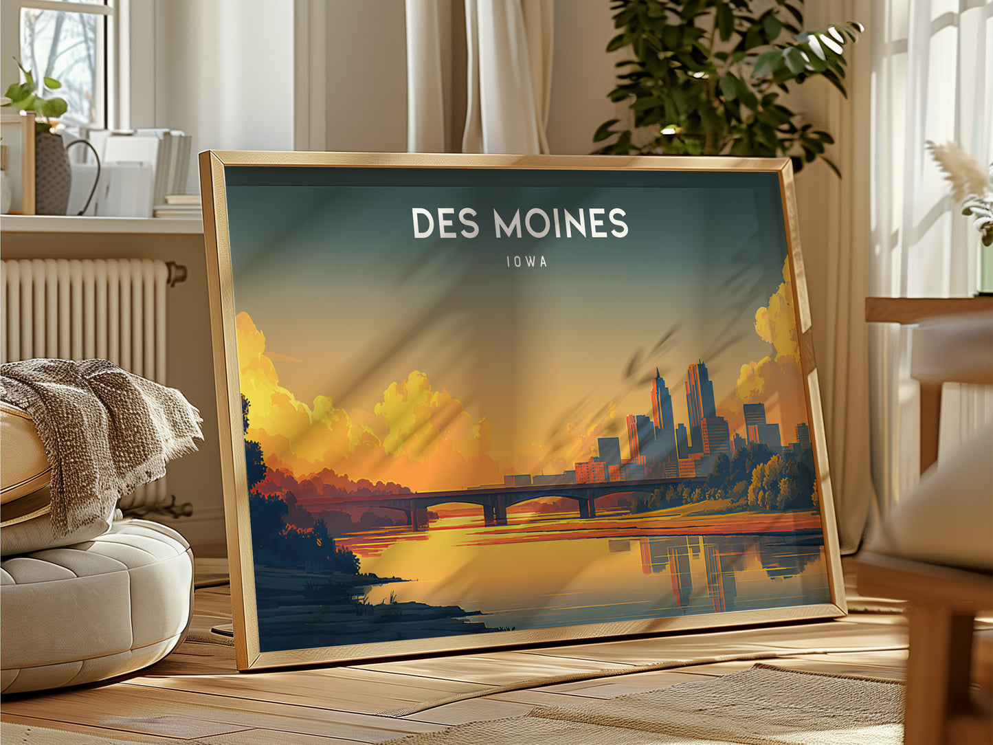 Des Moines, Iowa Landscape Poster | Heartland Skyline Travel Wall Art — framed and ready to hang