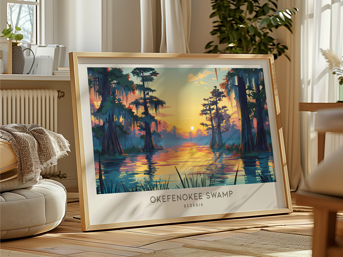 Okefenokee Swamp Landscape Matte Border Poster | Georgia Destination Print Travel Wall Art — framed and ready to hang