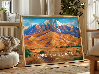 Great Sand Dunes, Colorado Landscape Poster | Sweeping Sands Destination Print Wall Art — framed and ready to hang