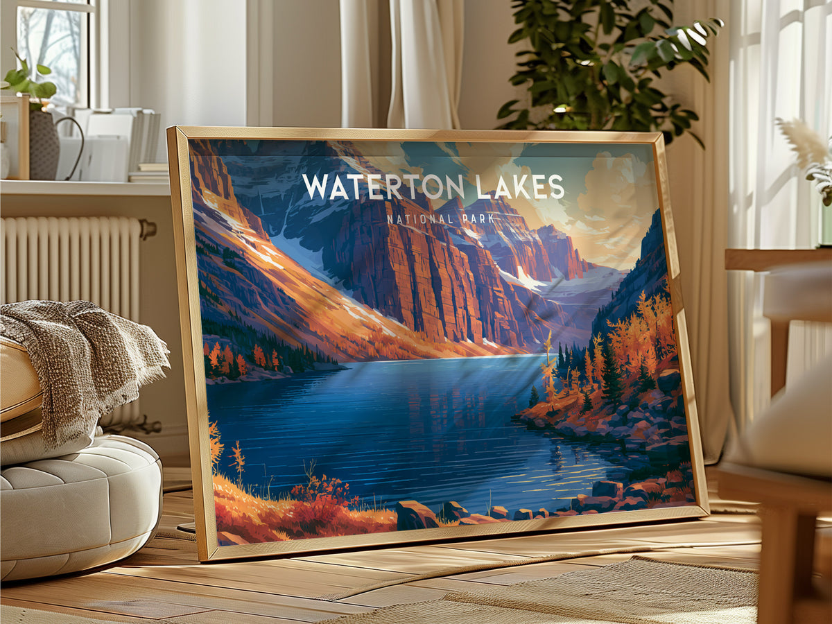 Waterton Lakes Landscape Poster | National Park Vacation Wall Art — framed and ready to hang