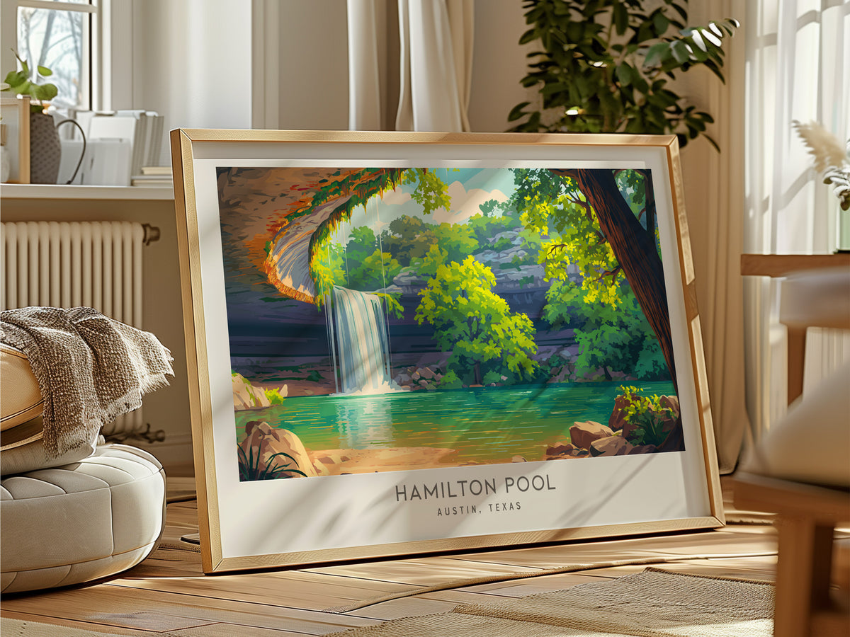 Hamilton Pool Landscape Matte Border Poster | Austin, Texas Travel Gift & Natural Grotto Wall Art — framed and ready to hang