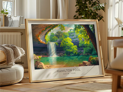 Hamilton Pool Landscape Matte Border Poster | Austin, Texas Travel Gift & Natural Grotto Wall Art — framed and ready to hang