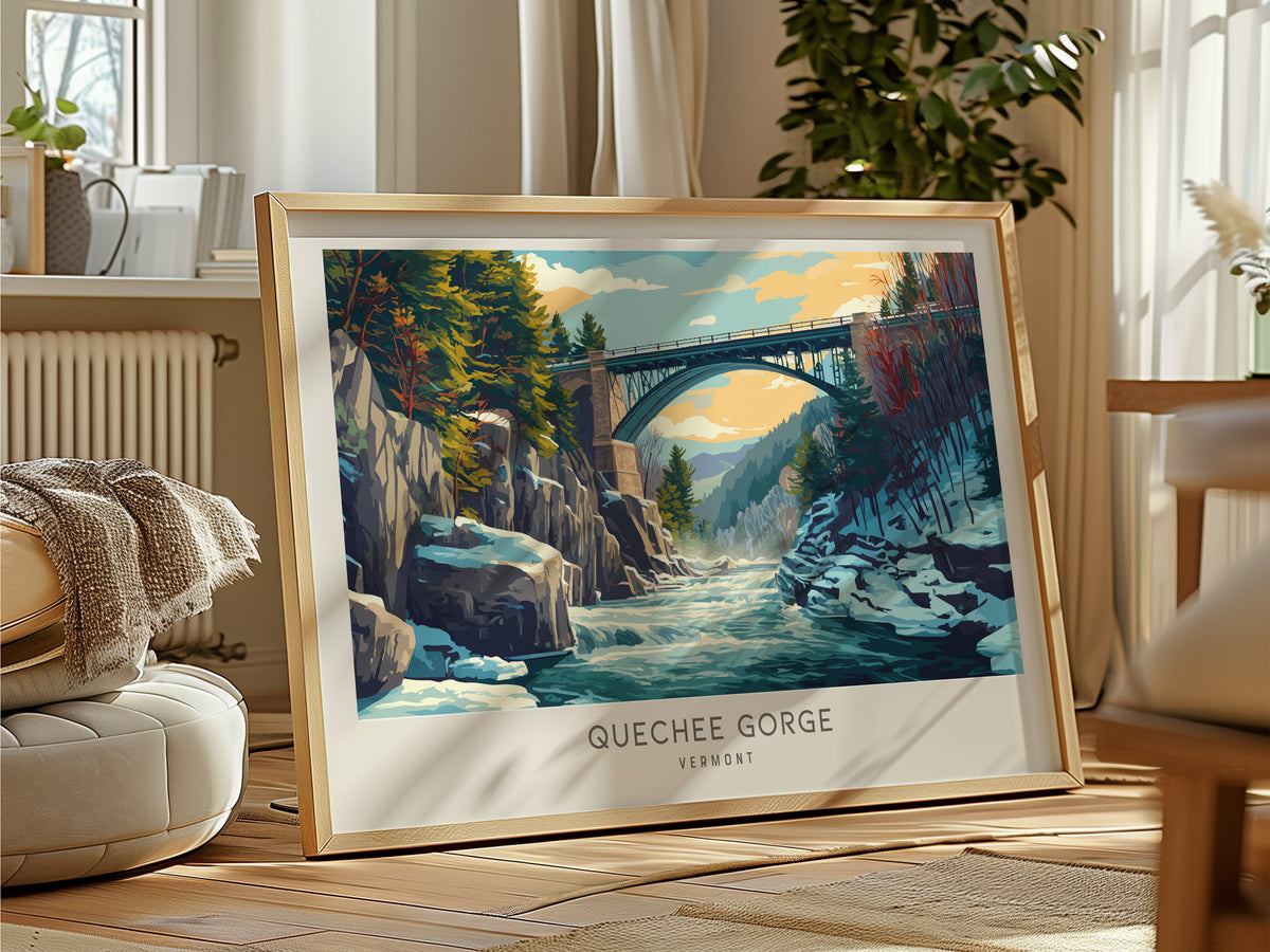 Quechee Gorge Landscape Matte Border Poster | Vermont Travel Gift Vacation Wall Art — framed and ready to hang