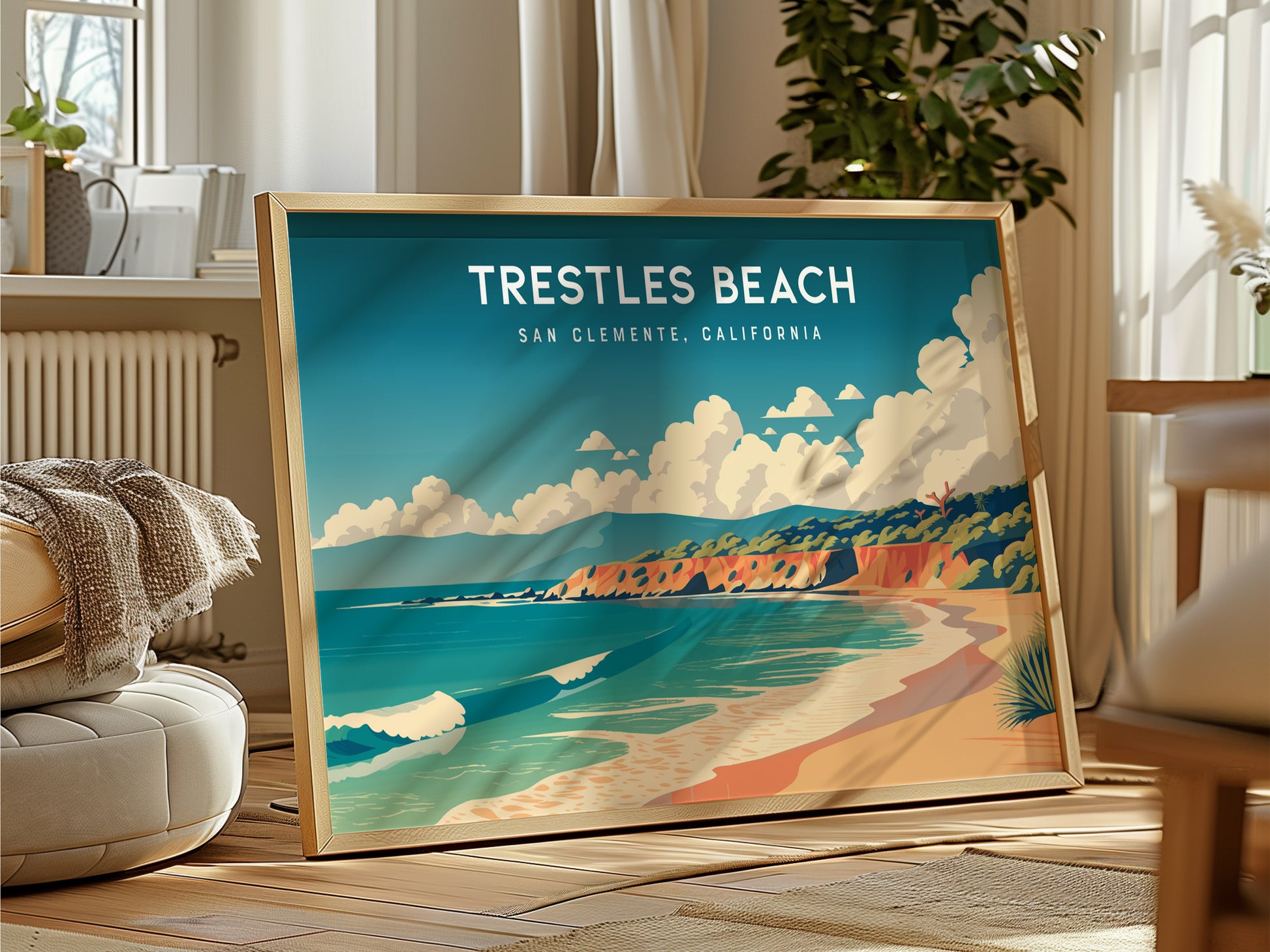 Trestles Beach Landscape, San Clemente, California Poster | Coastal Beach Decor Travel Gift Wall Art — framed and ready to ha