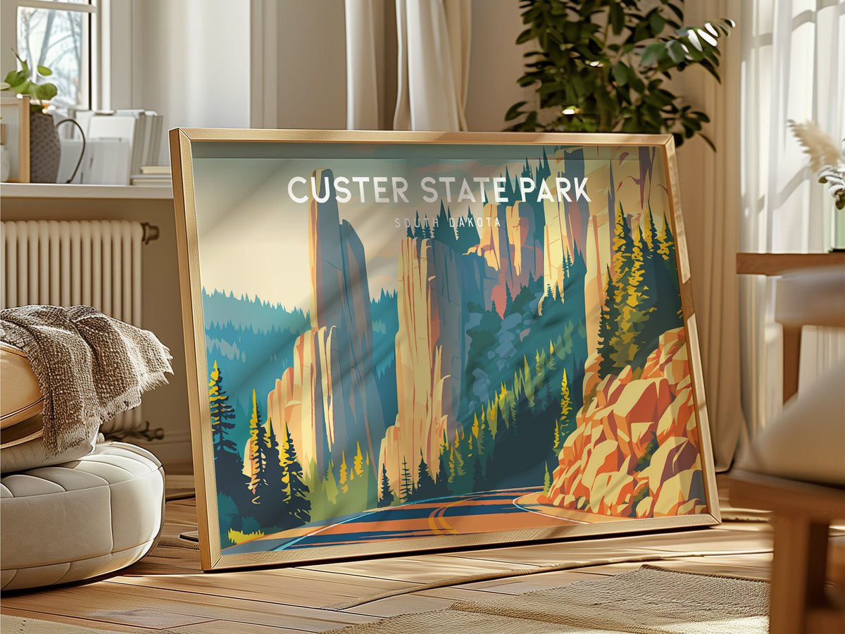 Custer State Park Landscape Poster | South Dakota Needles Highway Travel Wall Art — framed and ready to hang