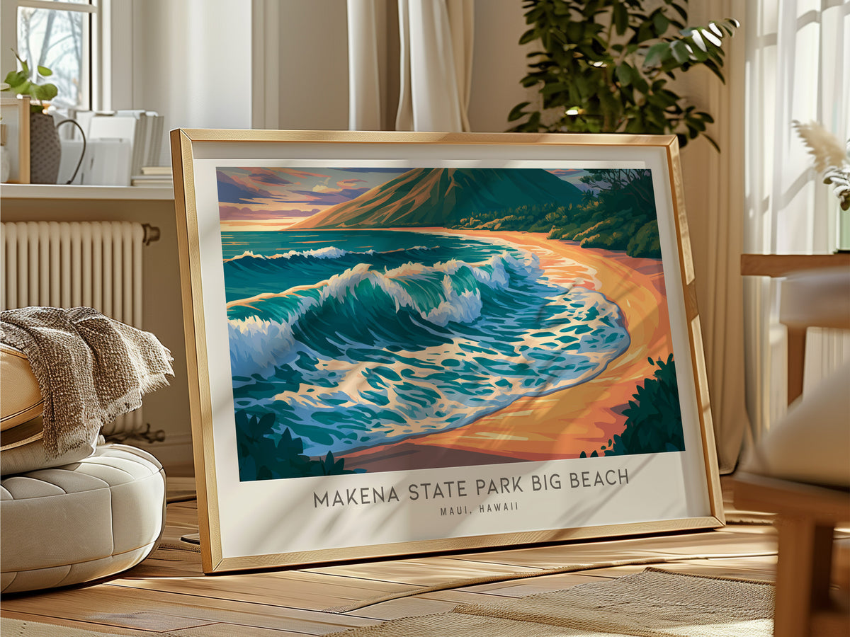 Makena State Park Big Beach Landscape Matte Border Poster | Maui, Hawaii Coastal Beach Decor — framed and ready to hang