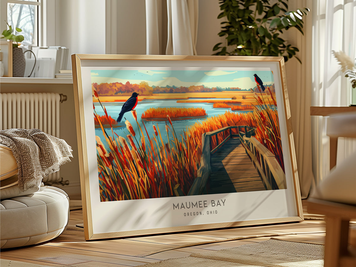 Maumee Bay Landscape Matte Border Poster | Oregon, Ohio Destination Print Travel Wall Art — framed and ready to hang