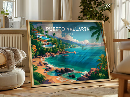 Puerto Vallarta, Mexico Landscape Poster | Beach House Decor Vacation Wall Art — framed and ready to hang