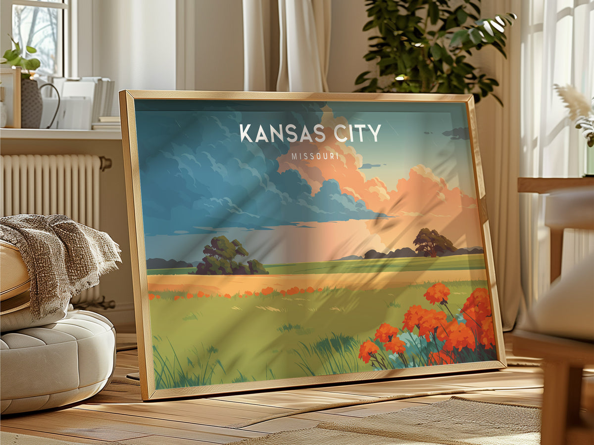 Kansas City, Missouri Landscape Poster | BBQ Jazz & Skyline Travel Gift Wall Art — framed and ready to hang