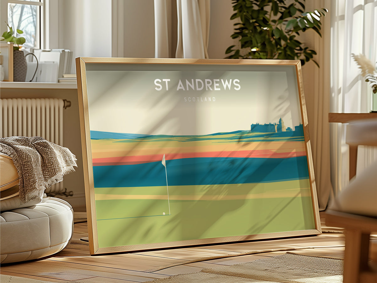 St Andrews Old Course, Scotland Landscape Poster | Golf Course Print Country Club Decor Wall Art — framed and ready to hang