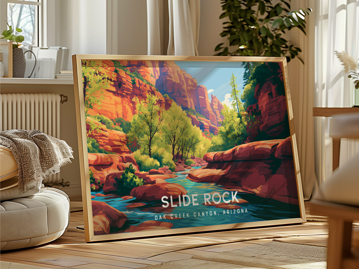 Slide Rock, Oak Creek Canyon, Arizona Landscape Poster | Desert Swimming Hole Destination Print Wall Art — framed and ready t